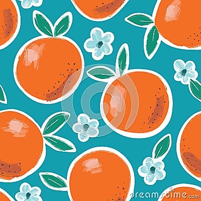 Hand Painted Colorful Abstract Oranges, Flowers and Leaves on Blue Background. Summer Fruits Vector Seamless Pattern Vector Illustration