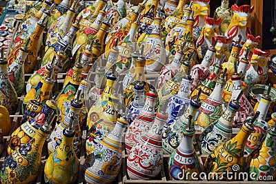 Hand-painted Deruta olive oil bottles Editorial Stock Photo