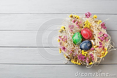 Hand painted different colors easter eggs Stock Photo