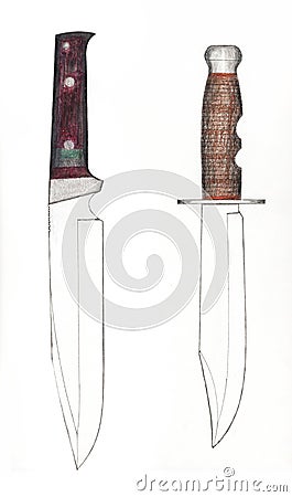 Hand painted drawing of contemporary fixed blade knives and daggers with color pencils Stock Photo