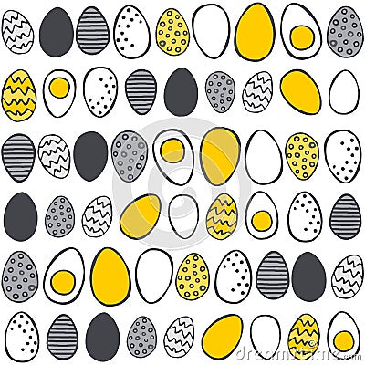 Hand painted eggs in rows yellow gray Easter pattern on white Vector Illustration