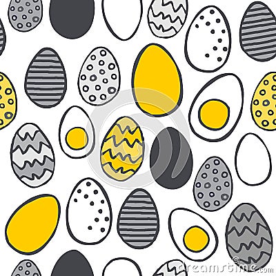 Hand painted eggs yellow gray Easter messy pattern on white Vector Illustration