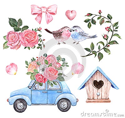 Hand painted elements for Valentines day, wedding, birthday. Watercolor blue vintage car, cute birds in love, pink and red roses Cartoon Illustration
