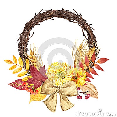 Hand painted fall holiday florsl wreath, floral decor with red and yellow tree leaves and flowers. Rustic style Stock Photo