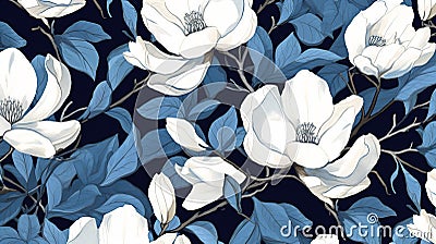 magine block print style rendering half-drop repeat pattern with leaves and flowers of magnolia campaca.ai generative Stock Photo