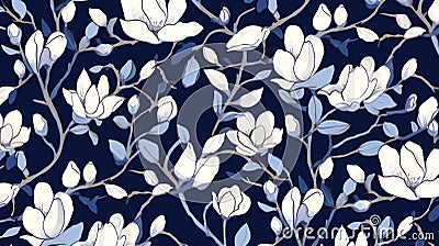 magine block print style rendering half-drop repeat pattern with leaves and flowers of magnolia campaca.ai generative Stock Photo