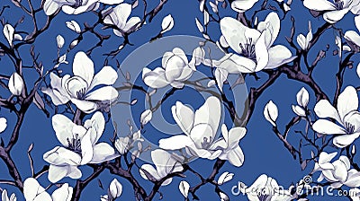 magine block print style rendering half-drop repeat pattern with leaves and flowers of magnolia campaca.ai generative Stock Photo