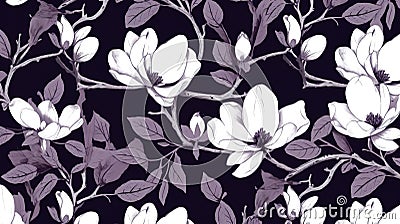 magine block print style rendering half-drop repeat pattern with leaves and flowers of magnolia campaca.ai generative Stock Photo