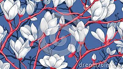 magine block print style rendering half-drop repeat pattern with leaves and flowers of magnolia campaca.ai generative Stock Photo