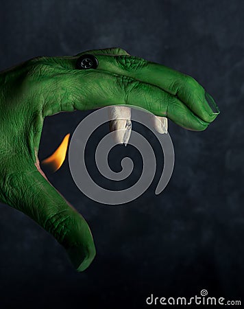 Hand painted green and white, with a flame coming out and a button, simulating a fire-breathing dragon Stock Photo