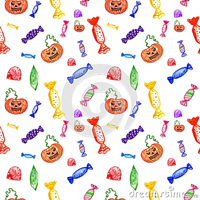 Hand painted Halloween bright pattern witch candies and spooky pumpkin. Cartoon Illustration