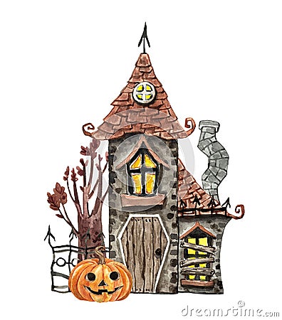 Hand painted haunted house illustration. Watercolor spooky house, jack o lantern pumpkin, old tree, isolated. Halloween party Cartoon Illustration