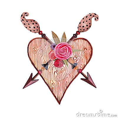 Hand painted Heart in Boho style with arrow , flowers and feather. Cartoon Illustration