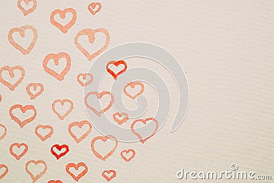 Hand painted hearts in red watercolors as background. Red watercolor hearts with copy space. Stock Photo