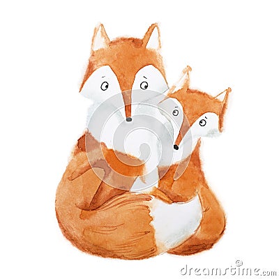 Hand-painted illustration of mother fox and baby sitting together Cartoon Illustration