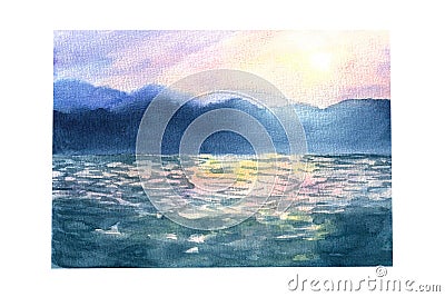 Hand-painted illustration with mountains, sunset sky, lake and reflections on water. Painted in watercolors on rough paper. Cartoon Illustration