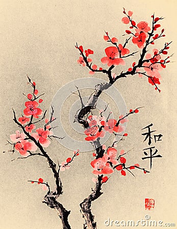 Hand painted ink brush painting of blossoms in oriental style , sumi-e painting Editorial Stock Photo