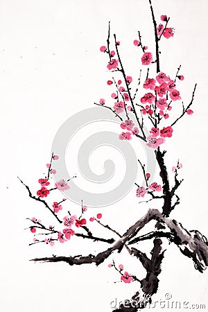 Hand painted ink brush painting of blossoms in oriental style , sumi-e painting Stock Photo