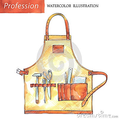 Hand painted leather apron with carpenter tools. Cartoon Illustration