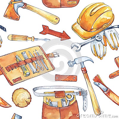 Hand painted men`s work illustration. Seamless pattern with carpentry tools. Watercolor axe, knife, hammer, helmet Cartoon Illustration