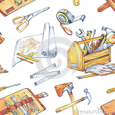 Hand painted men`s work illustration. Seamless pattern with carpentry tools. Watercolor toolbox, roulette, hammer Cartoon Illustration