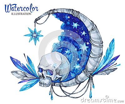 Hand painted mystic emblem with skull, moon, stars and feathers. Halloween`s night. Cartoon Illustration