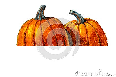 Hand painted, Oil pastel pumpkin for halloween, fall and autumn celebrations, isolated object on white background Stock Photo