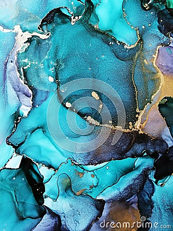 Luxury abstract fluid art painting background alcohol ink technique green and gold. Rough edges of paint flow out Stock Photo