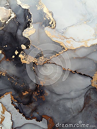 Luxury abstract fluid art painting background alcohol ink technique black and gold Stock Photo