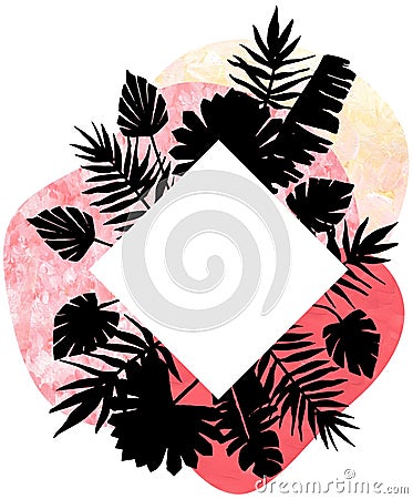 Hand painted premade tropical palm leaves shilouette template pink beige frame clipart. Abstract stationery mockup Stock Photo