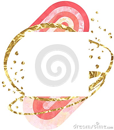 Hand painted premade card template in trendy pink Burnt coral and golden foil. White frame abstract clipart. Stock Photo