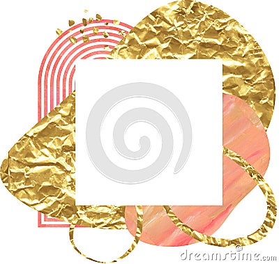 Hand painted premade card template in trendy pink Burnt coral and golden foil. White frame abstract clipart. Stock Photo