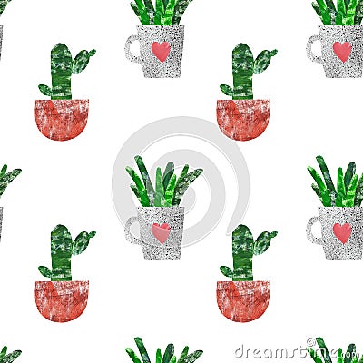 Hand painted seamless pattern with cactus . Summer botanical print with cute cacti house plants in flower pots on white background Cartoon Illustration