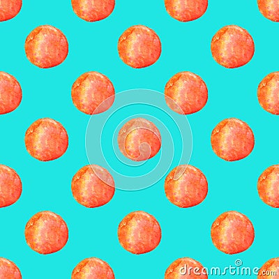 Hand painted seamless watercolor pattern. Polka pattern. Orange dots on blue background. Stock Photo