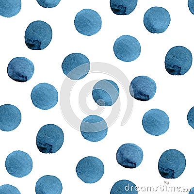 Hand painted seamless watercolor polka dot pattern in indigo blue. Watercolor ba Stock Photo