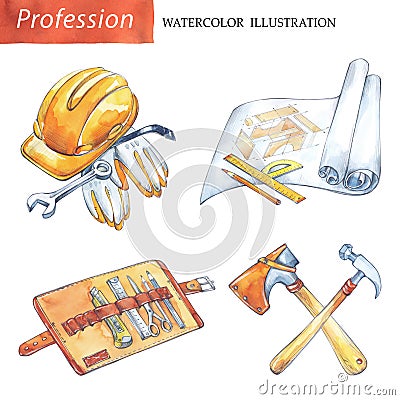 Hand painted set carpentery tools . Profession, hobby, craft illustration. Cartoon Illustration