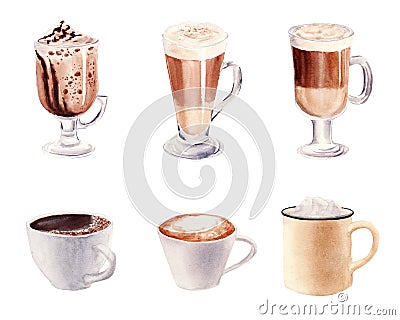 Hand painted Set with Cup of Coffee Latte and Glass of chocolate mocha coffee isolated on white background Stock Photo