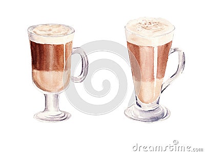 Hand painted Set with Cup of Coffee Latte and Glass of chocolate mocha coffee isolated on white background Stock Photo