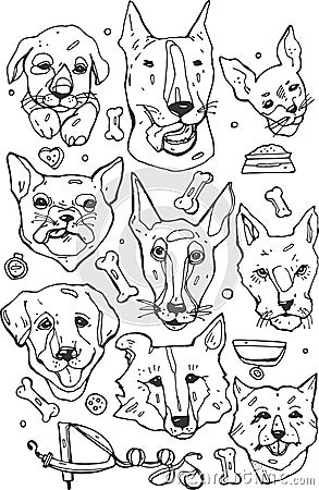 Hand painted set of Doodle icons. Different breeds of dogs bulldog ,Beagle ,Border Collie,Golden Retriever,Bull Terrier and other Vector Illustration