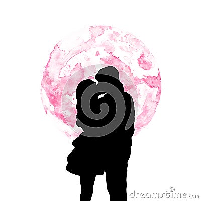Hand painted Silhouette of couple kissing and watercolor pink full moon behind, on white background Cartoon Illustration