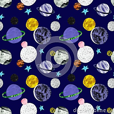Hand painted space seamless pattern with stars and planets on dark blue background. Cosmos print with satellites . Sci fi Cartoon Illustration