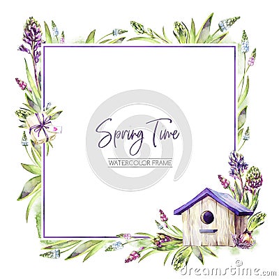 Hand painted square frame with Hyacinths flowers, leaves and birdhouse. Spring rustic watercolor illustration in violet Cartoon Illustration