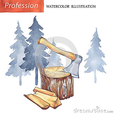 Hand painted stump with axe, firewood, forest. Cartoon Illustration