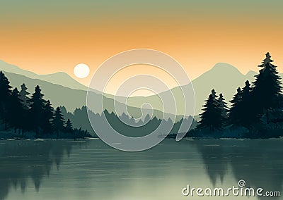 Hand painted sunset mountain and trees landscape Vector Illustration
