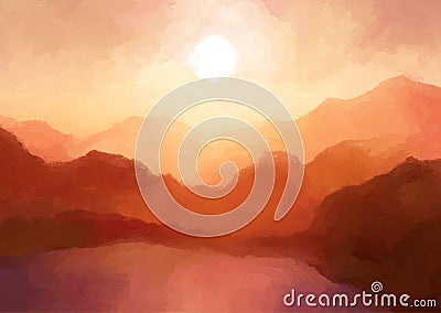 Hand painted sunset mountains landscape Vector Illustration