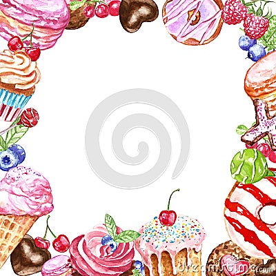 Hand painted tasty desserts square frame for cards design, birthday. Donut, macaron, cakes, cupcakes, candies on white background Cartoon Illustration