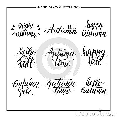 Hand painted text - happy autumn, hello fall, sale Vector Illustration