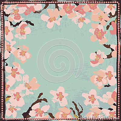 Hand painted textured blooming sakura frame Vector Illustration