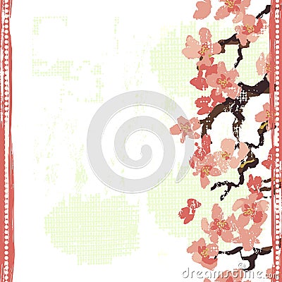 Hand painted textured blooming sakura seamless border Vector Illustration