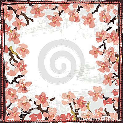 Hand painted textured blooming sakura vignette Vector Illustration